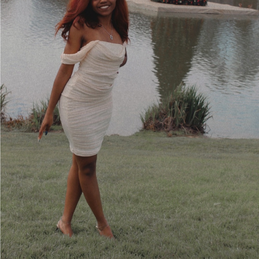 Champagne Off The Shoulder Midi Dress